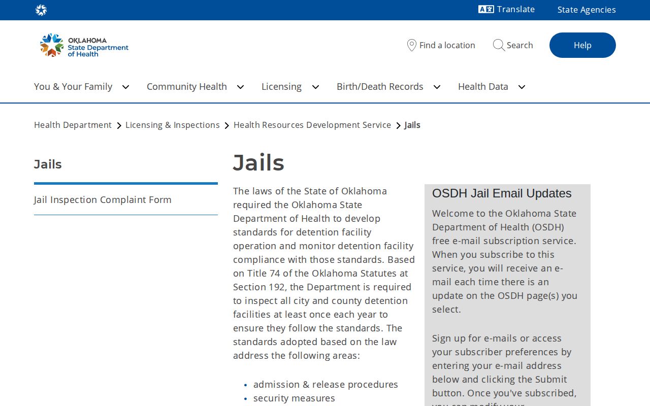 Oklahoma standards for Jefferson County Jail release procedures