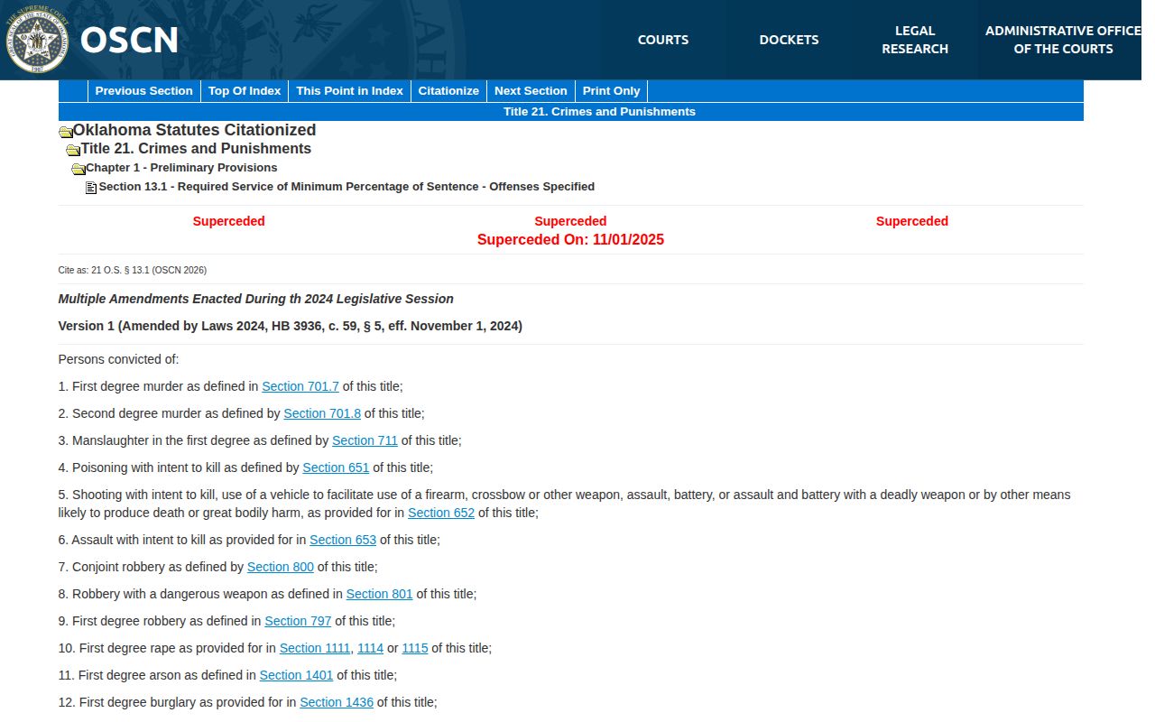 Jefferson County projected release date eighty-five percent offense statute